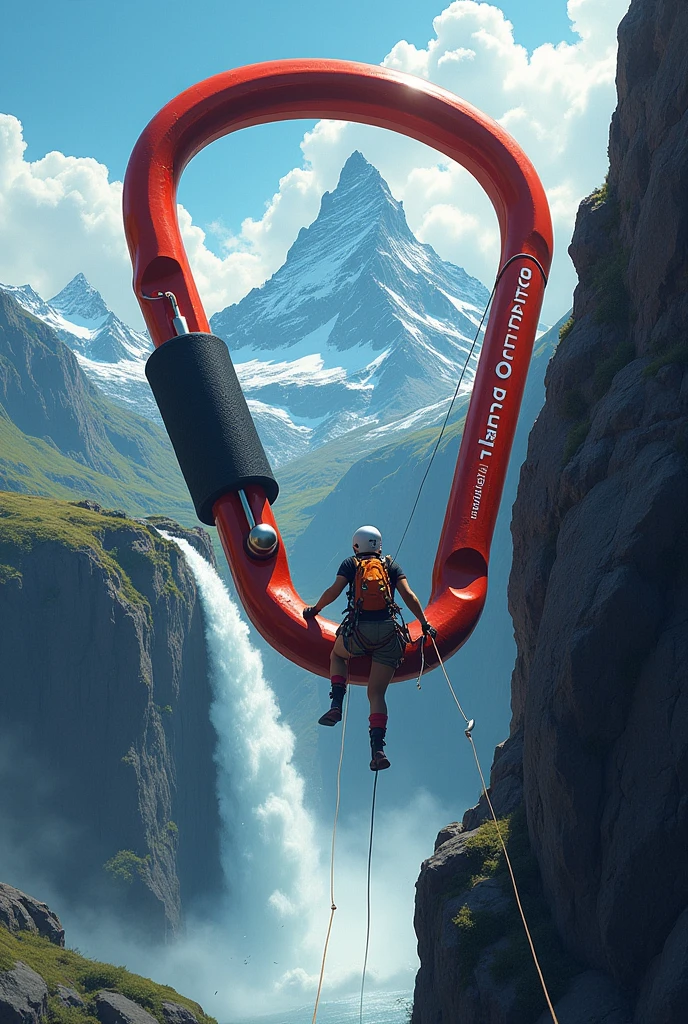 Draw carabiner, inside the carabiner draw a mountain with a waterfall and a person rappelling down