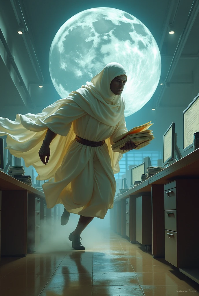 A moon running with documents through the office