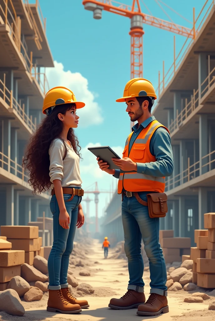 A girl with long hair conducting a survey on a construction engineer 