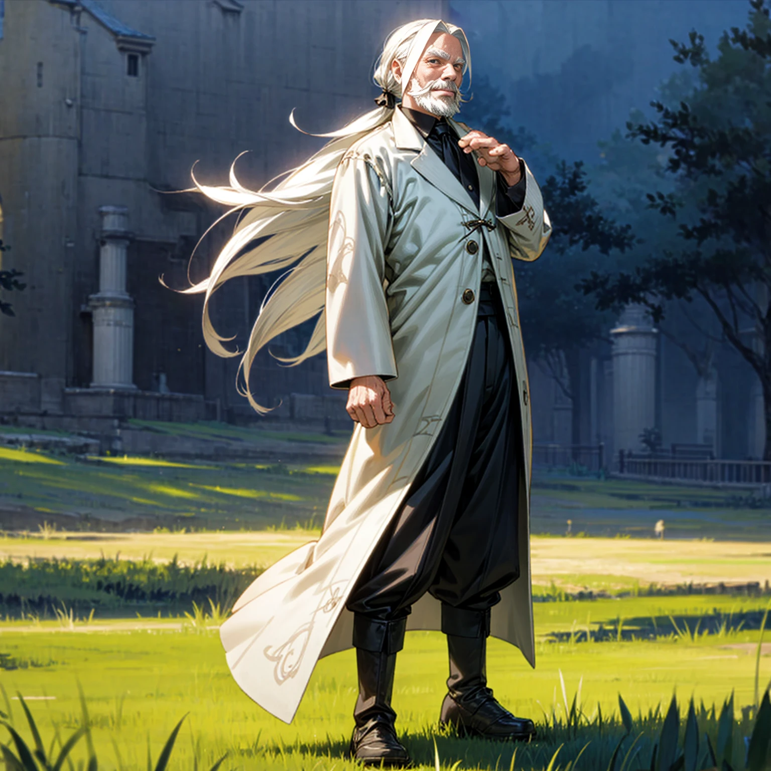 Solo character, full body version, old man, beard, white eyes, white color hair, long bob hair, formal outfit, black pants, boots, outdoor, town, field, medieval, morning, standing gesture, detailed background, detailed clothing, detailed hair, happy eyes, (food wars style art)