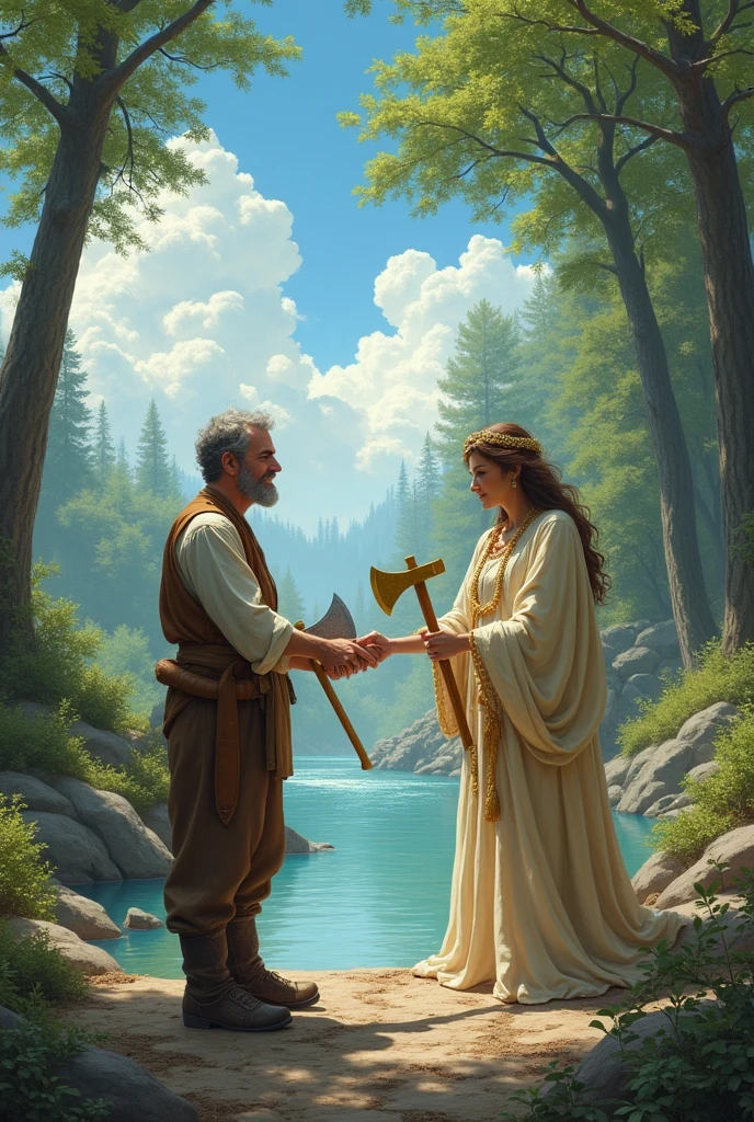 Aesop's Fable: A kind and honest woodcutter accidentally drops his axe into the river. The goddess Mercury picks it up and presents the woodcutter with two axes, one gold and one silver, asking which one is his. Ultra-detailed illustration