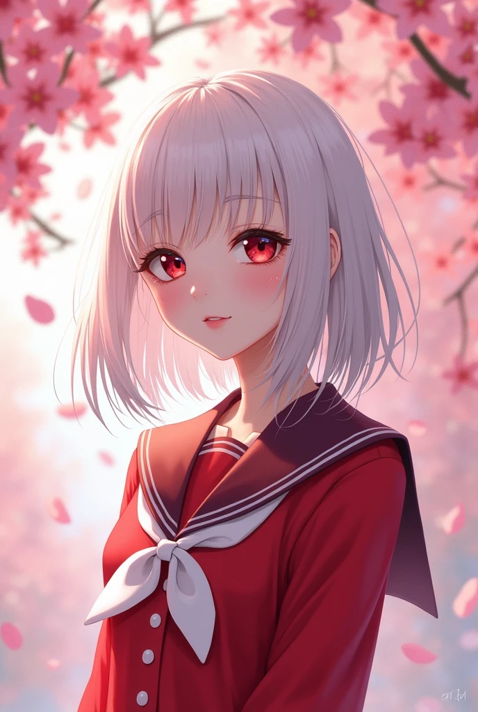 A girl with white hair, red eyes, and pale skin is smiling, wearing a red school uniform under a cherry blossom tree.