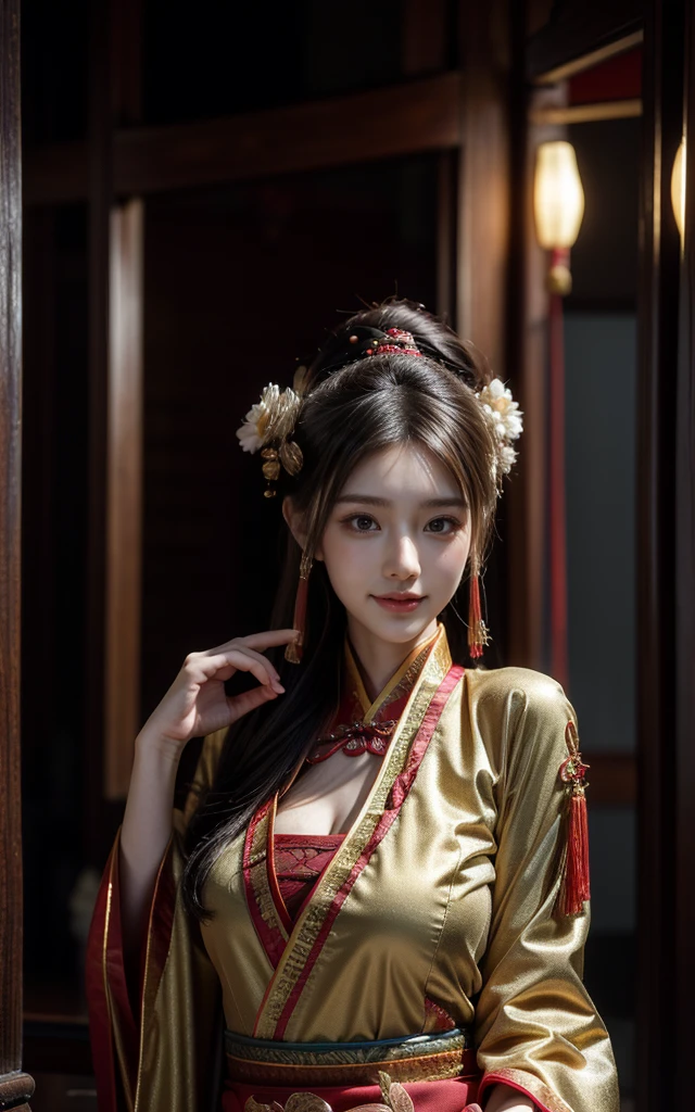 best quality, masterpiece, high resolution,8K,(Realistically:1.4),超high resolution,1 girl,(Super realistic skin maps), Extremely detailed, Surrealism, Highly detailed CG illustrations, Official Art, Movie Lighting, Practical, Young beautiful girl, Perfect body, Perfect body, Full view, Perfect body,Enjoy expressing,(Start from below:1.3), Sexy pose, confidence, Beautiful and sexy,Smiling at the camera, (Gorgeous Chinese Hanfu,Exquisite and intricate headdresses and garments,Sexy lips, Half-length photo ,(Chinese ancient architecture background)