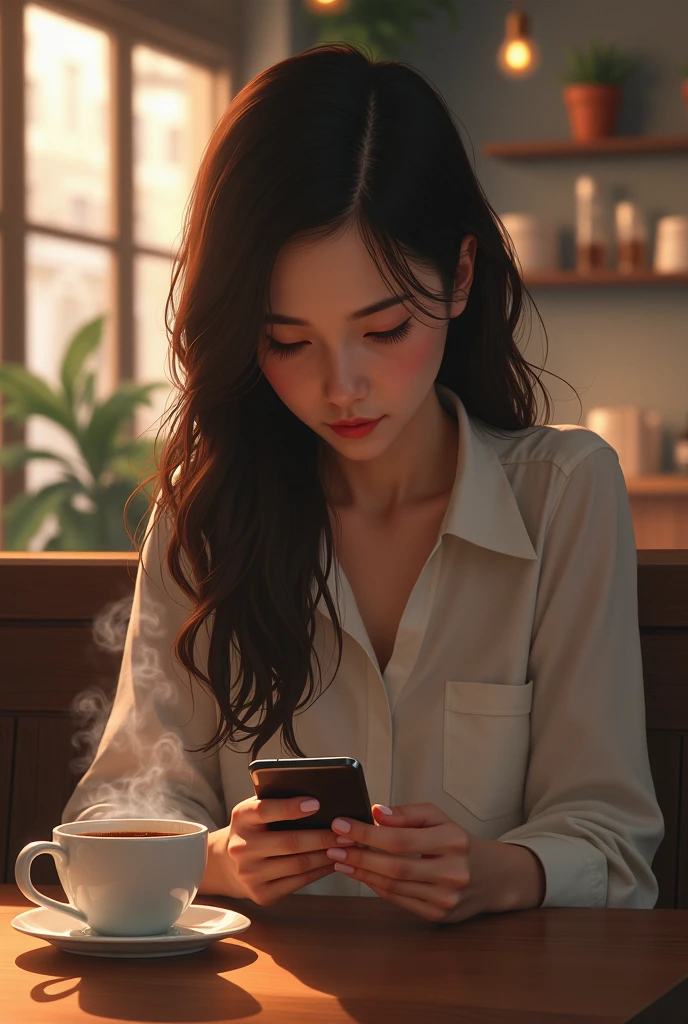 A girl is drinking coffee and looking at her phone in a coffee shop