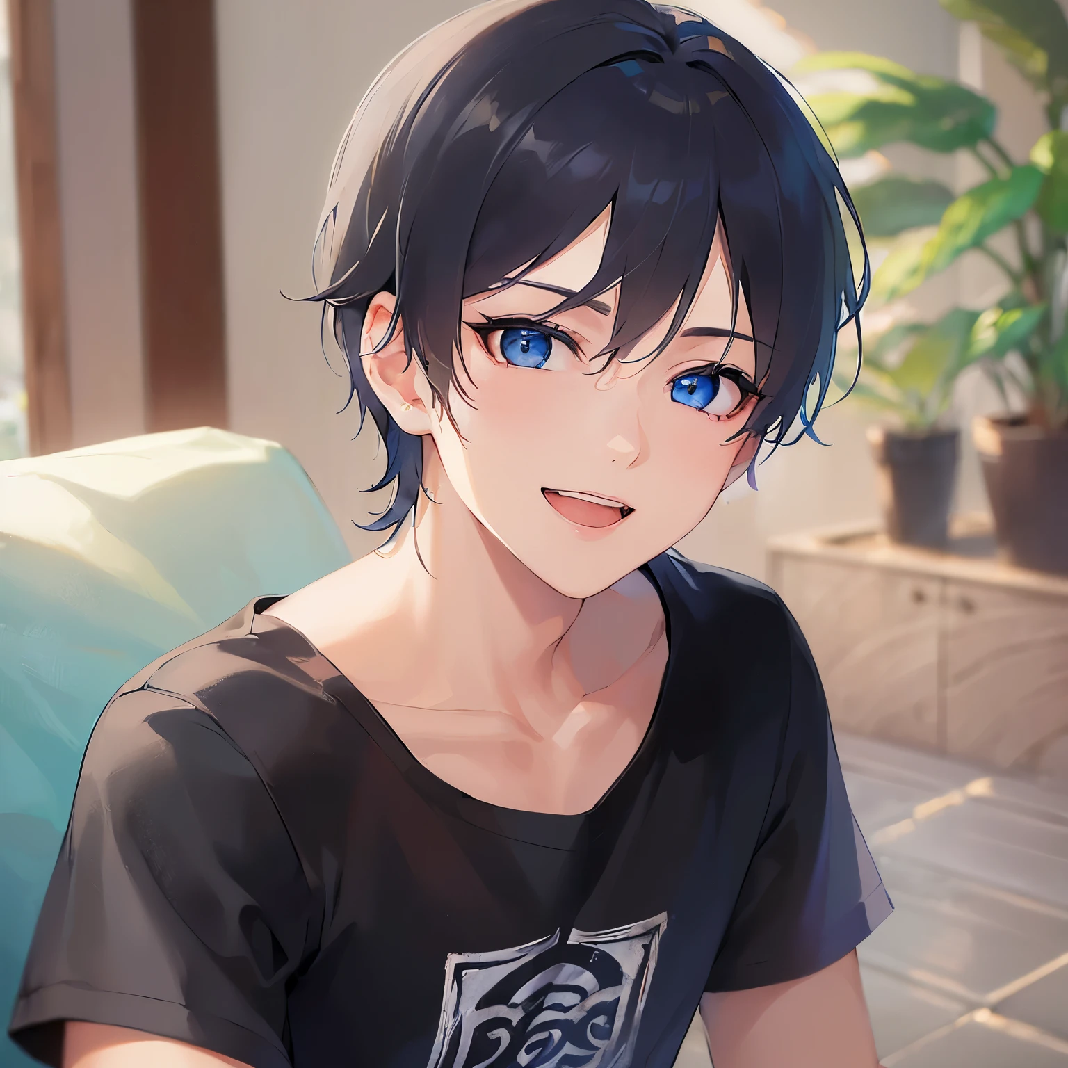 (looking at viewer:1.5)Upper Body, 
shiny skin, masterpiece、Highest quality、
(25-year-old male:1.5) and (Black short hair) and (blue eyes), 
（T shirts）,
smile,open mouth,The background is the living room