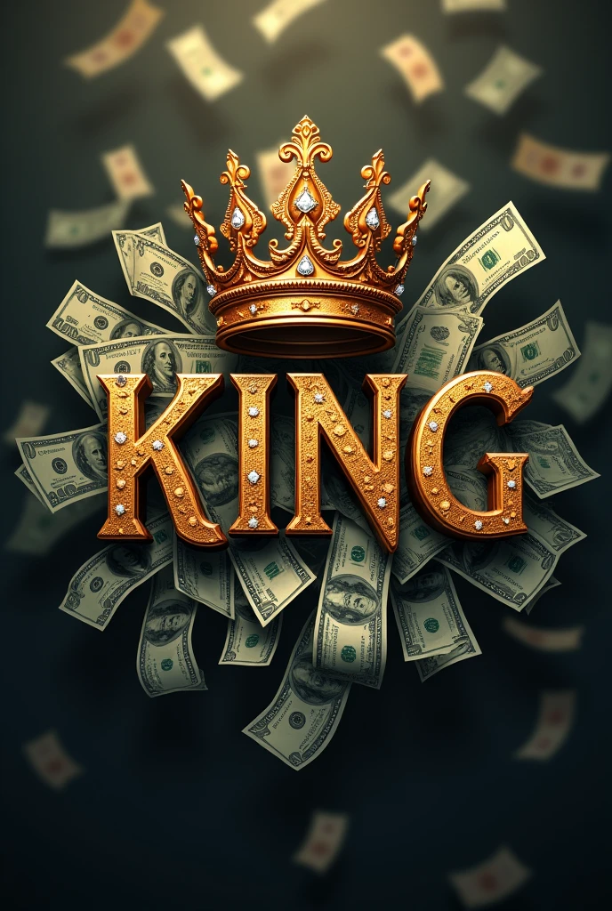 A wallpaper with the word king in the middle, very detailed and with a crown on top of the word,
With dollars around the image