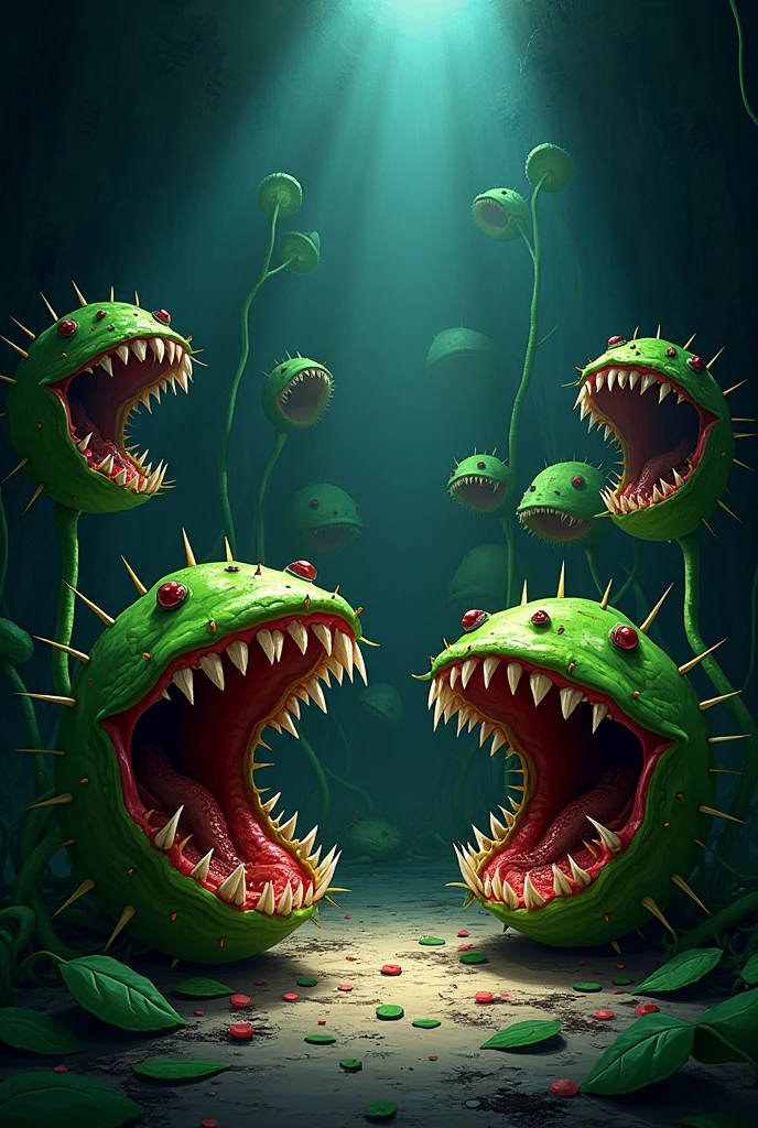 ((1930s Horror Cartoon)) a room full of venus fly trap plants with sharp teeth and spines