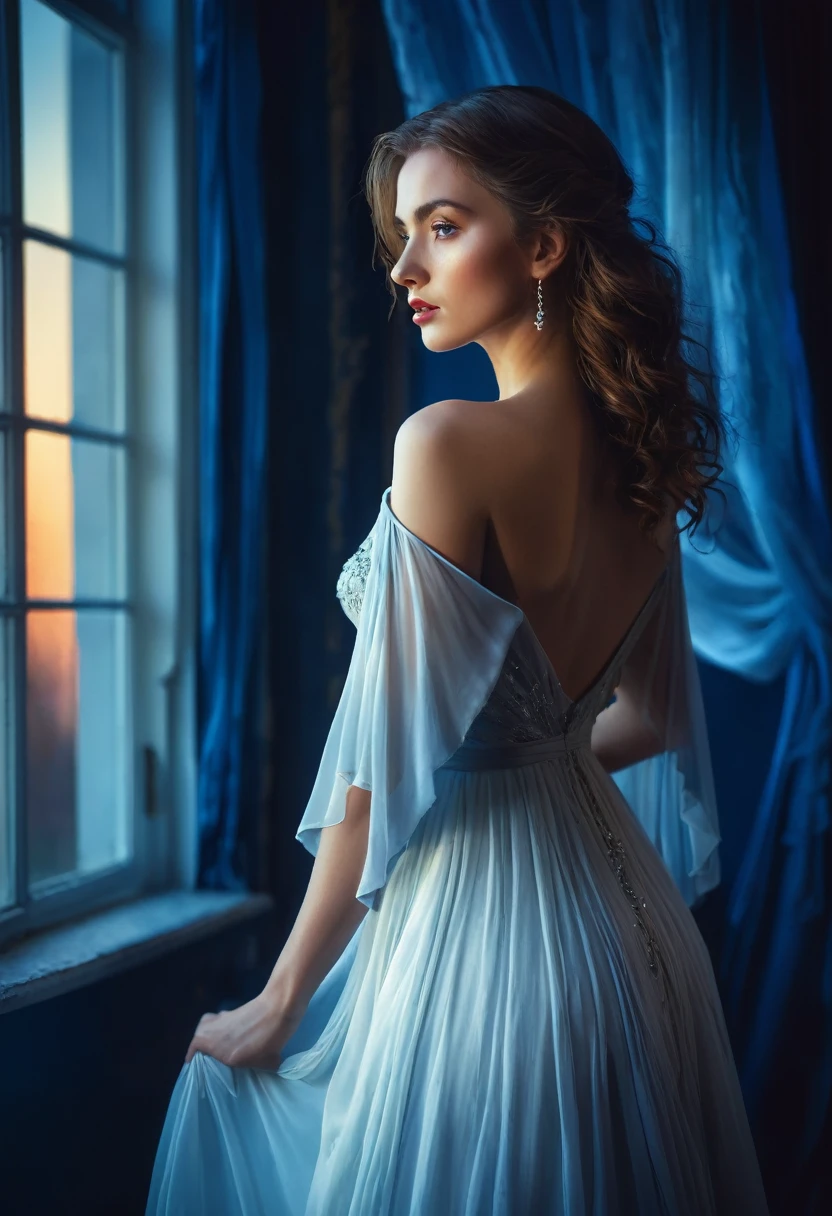 arafed woman in a dress standing in front of a window, a picture by Marie Bashkirtseff, shutterstock, romanticism, half-turned lady in evening gown, flowing gown, wearing a flowing dress, mysterious woman, haunting beautiful young woman, wearing a white flowing dress, flowing dress, woman in dress, extremely moody blue lighting, miss aniela