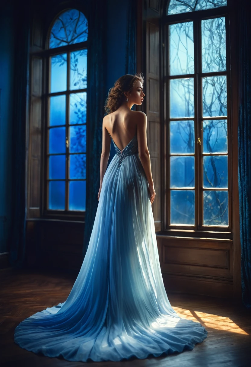 arafed woman in a dress standing in front of a window, a picture by Marie Bashkirtseff, shutterstock, romanticism, half-turned lady in evening gown, flowing gown, wearing a flowing dress, mysterious woman, haunting beautiful young woman, wearing a white flowing dress, flowing dress, woman in dress, extremely moody blue lighting, miss aniela