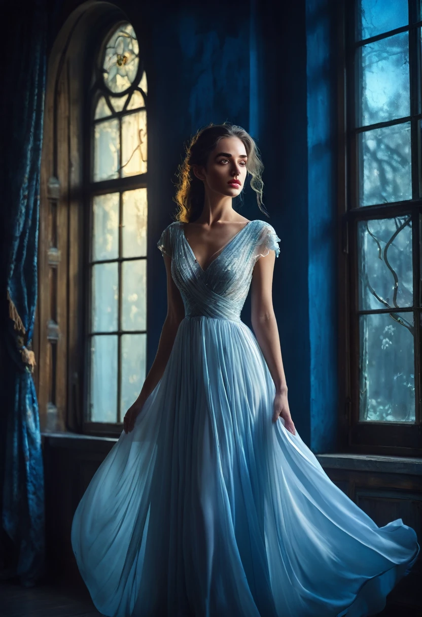 arafed woman in a dress standing in front of a window, a picture by Marie Bashkirtseff, shutterstock, romanticism, half-turned lady in evening gown, flowing gown, wearing a flowing dress, mysterious woman, haunting beautiful young woman, wearing a white flowing dress, flowing dress, woman in dress, extremely moody blue lighting, miss aniela