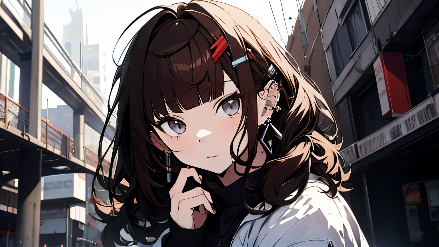 masterpiece, Best Quality, pixiv, cool girl, many piercings, earrings, dark brown hair, Curly hair, blunt bangs, straight bangs, grey eyes, Pale skin, Gallon, improve
