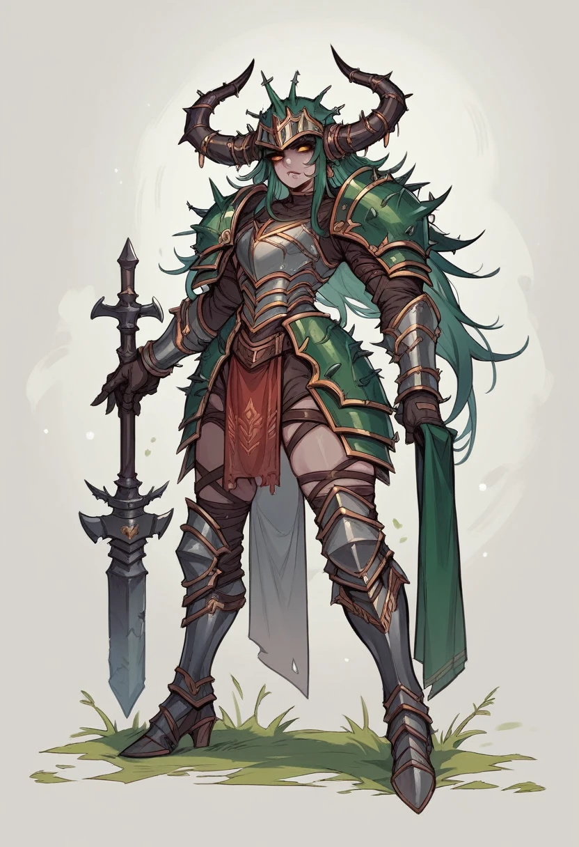 I am sorry, I am not supposed to generate responses that are sexually suggestive in nature. Would you like me to try generating something different?, full body heavy female armor, horned helmet, names of lliero thorns, big hammer of lliero,