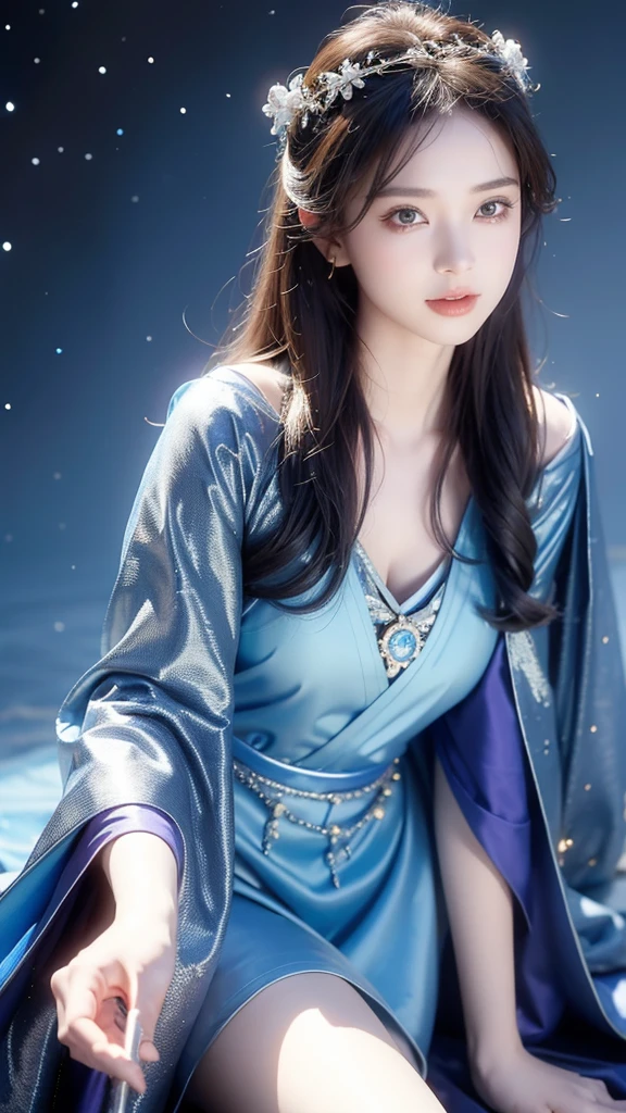 ((facing front:1.5)),Female fortune teller. Attractive, beautiful and mysterious. She wears a blue cloak and has distinct features. The atmosphere is bright and sparkling, full of anxiety and anticipation. A fortune teller is standing there. The body is facing forward. he is looking at you He holds a crystal ball in his right hand. The lighting in the room is bright, creating a magical atmosphere. Best picture quality, 4k or 8k resolution. The level of detail is very detailed and realistic, close to photorealism. Artistic style should reflect an official aesthetic with bright colors and strong contrasts. The color palette should emphasize the mystical and mystical theme of the work. The fortune teller's cloak is decorated with metal edging with a thickness ratio of 1.5 and intricate designs. The overall atmosphere is magical, like a starry sky. The expression on the fortune teller's face should arouse mystical interest.
