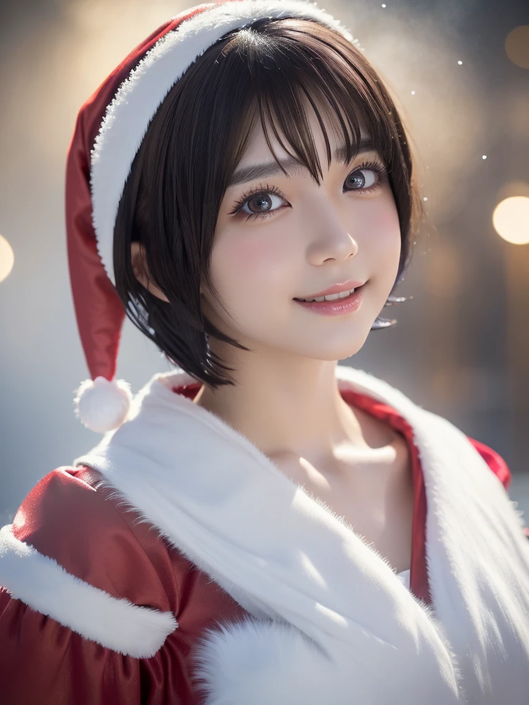 beautiful detailed eyes,droppy eyes,beautiful detailed lips, extremely detailed eyes and face, long eyelashes, 1japanese girl, fantasy character, (Santa Claus costume:1.25),smile,(short hair:2.0),highly detailed, dramatic lighting, glowing effects, mist, intricate details, volumetric lighting, cinematic composition, hyper realistic, 8k, best quality, masterpiece, photorealistic,Highres fix,snowy night town
