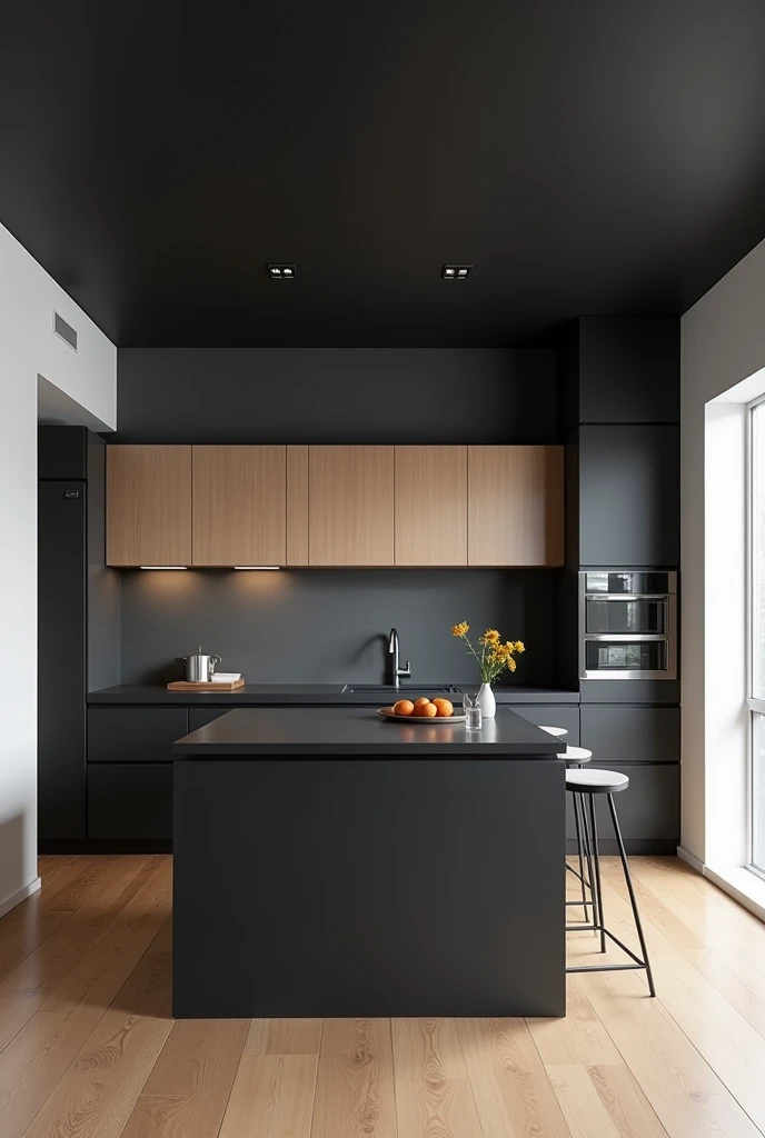 Black floor、Black drop ceiling、Black island kitchen、Gray Wall、Wood flooring and white walls except for the kitchen、white microwave