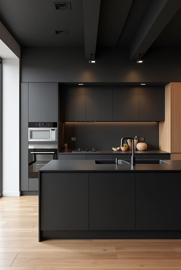 Black floor、Black drop ceiling、Black island kitchen、Gray Wall、Wood flooring and white walls except for the kitchen、white microwave