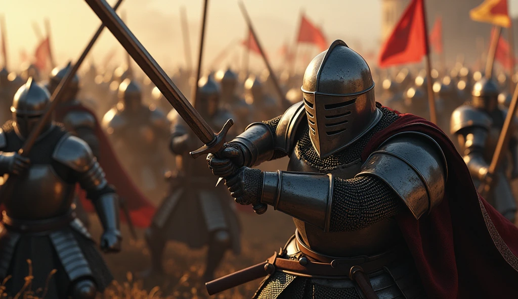 A highly realistic, high-contrast, 8K HD, detailed, hyper-detailed image of Crusader knights fiercely engaged in battle against an enemy army of knights as shown in the provided image. The Crusaders, wearing steel armor, are surrounded by the enemy force, who are clad in full armor and advancing relentlessly. The battlefield is chaotic, with swords clashing and the Crusaders' faces showing unyielding resolve as they fight on despite overwhelming odds. The atmosphere is intense and desperate, capturing the raw determination and bravery of the Crusaders as they battle fiercely against the enemy knights. The image is of the highest quality, with ultra-high resolution, RAW photo quality, and Unreal Engine rendering, depicting the relentless spirit and courage of the Crusaders in the face of a powerful adversary.