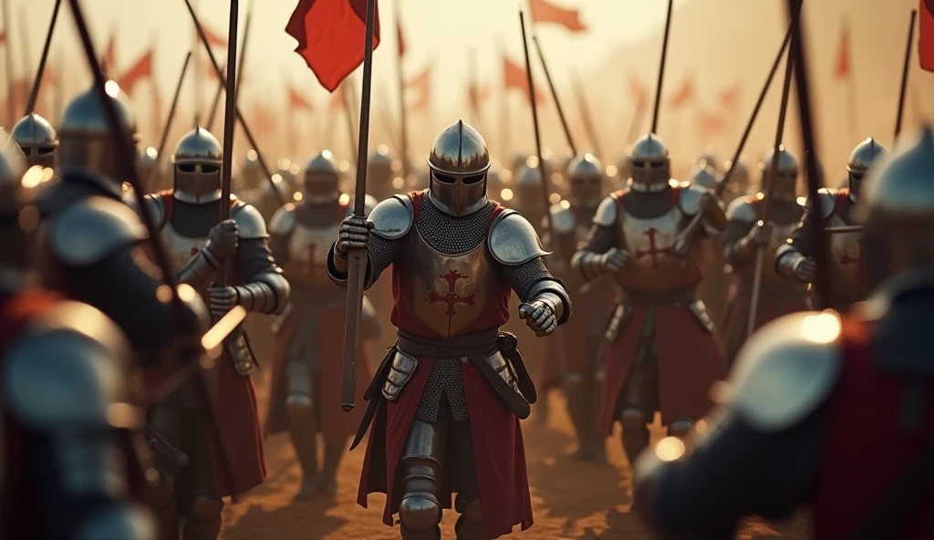A highly realistic, high-contrast, 8K HD, detailed, hyper-detailed image of Crusader knights fiercely engaged in battle against an enemy army of knights as shown in the provided image. The Crusaders, wearing steel armor, are surrounded by the enemy force, who are clad in full armor and advancing relentlessly. The battlefield is chaotic, with swords clashing and the Crusaders' faces showing unyielding resolve as they fight on despite overwhelming odds. The atmosphere is intense and desperate, capturing the raw determination and bravery of the Crusaders as they battle fiercely against the enemy knights. The image is of the highest quality, with ultra-high resolution, RAW photo quality, and Unreal Engine rendering, depicting the relentless spirit and courage of the Crusaders in the face of a powerful adversary.
