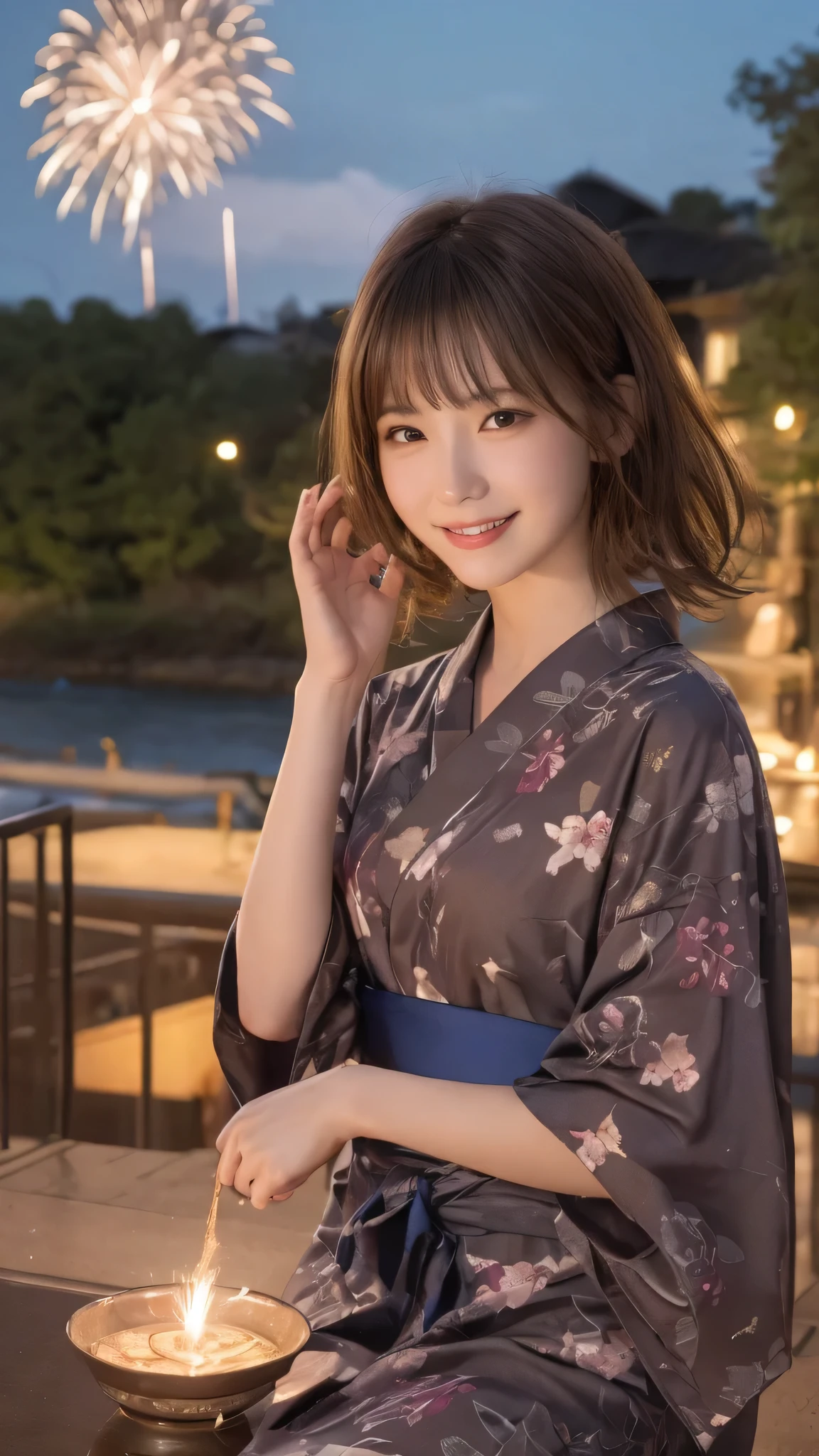 Best image quality (8k, High resolution, masterpiece: 1.2), Very detailed, Random Hairstyles, 26-year-old woman, 

Extraordinary beautiful girl、Cute and beautiful face details、(Dealing with the Children_v1:0.008)、


score_9, score_8_upper, score_7_upper, 

a firework festival at dusk.
Situation: Sitting on the riverbank,、enjoying handheld fireworks in yukata,。as the sky turns crimson,、a large firework explodes in the distance,々And launch、Color the night sky。
clothing: tied with a sash in blue or purple yukata,、wearing geta sandals on their feet,。holding small fireworks in hand,、smiles are cast upon the sparks,。
landscape: lanterns are lit along the riverbank,、people々gazing at the fireworks、the sound of fireworks echoes far and wide,



,Active stop temporarily ,
On her side、The thunder danced。
Focus on the upper waist


, Random cute poses ,Big eyes ,Puffy eyes ,  Heart pupil, blush  , Big shy smile , salute
