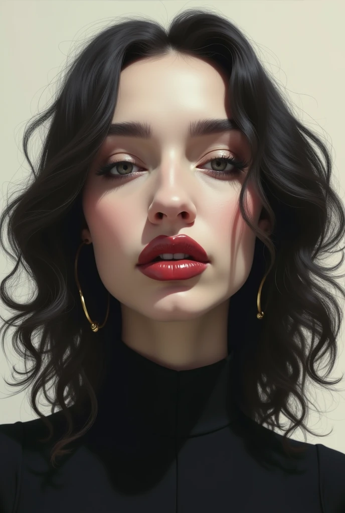 Create a woman with wavy hair has a very large nose and a very large, thick pout