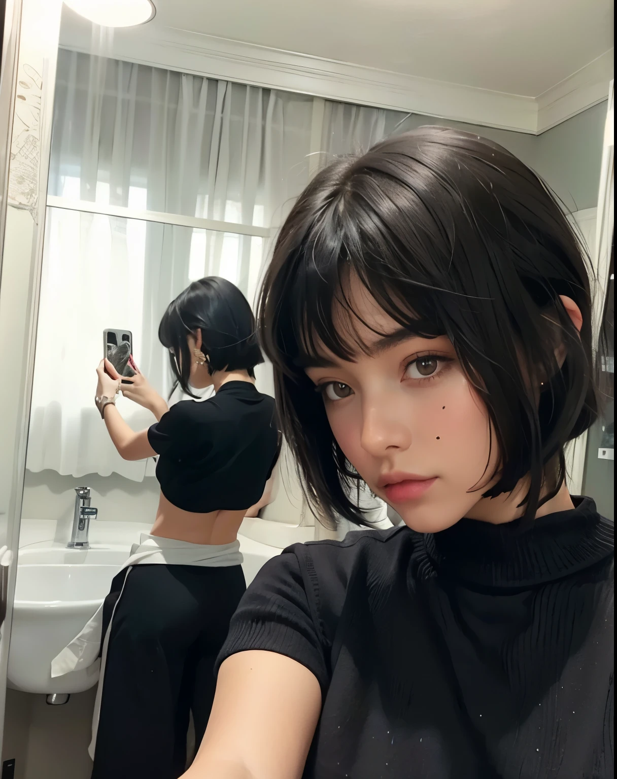 There is a woman taking a picture of herself in the mirror., con pelo corto Imposter, Ella tiene el pelo negro Imposter, Pelo negro corto Imposter, Cabello black bang cabello, with short hair, french bob hair, black hair bob, black hair cut bob, Imposter, with a black man, short black hair, Imposter completo, black hair and white bangs