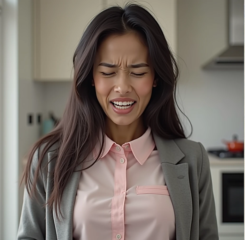 beautiful olive skinned asian woman, long beautiful black hair, face strained in pain, perfect teeth, eyes shut hard, olive skin tone