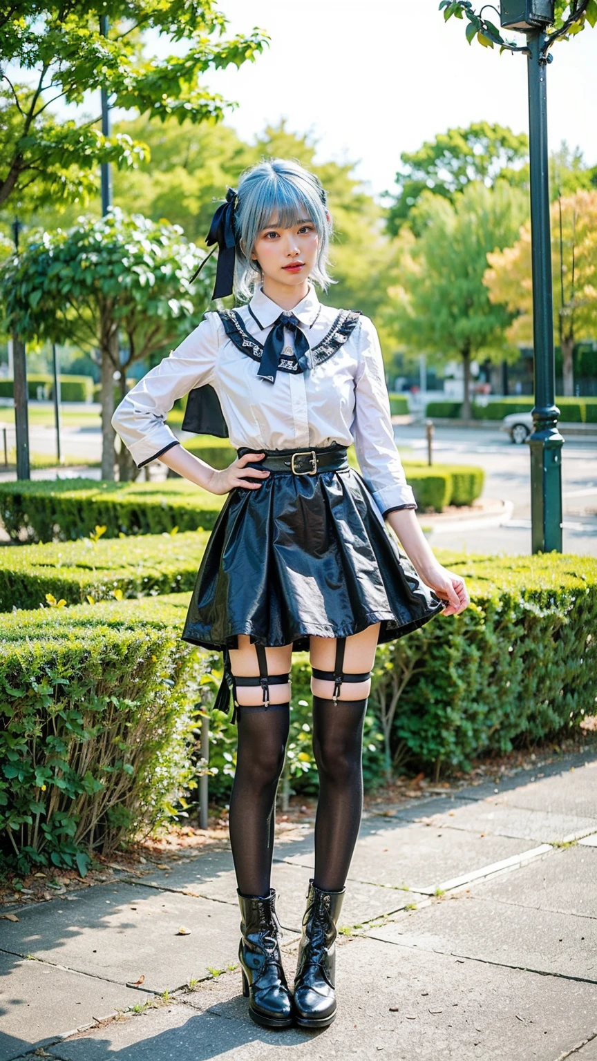 (8k、RAW Photos、Highest quality、masterpiece:1.2)、(Realistic、Realistic)、1 person、((Light blue hair、boots、garter belt、whole body、garden、Check mini skirt、garden、View from the front、Looking into the camera、Hands on your hips))、cute