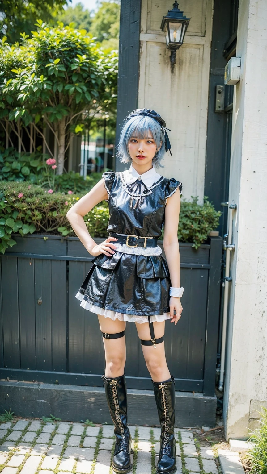 (8k、RAW Photos、Highest quality、masterpiece:1.2)、(Realistic、Realistic)、1 person、((Light blue hair、boots、garter belt、whole body、garden、Check mini skirt、garden、View from the front、Looking into the camera、Hands on your hips))、cute