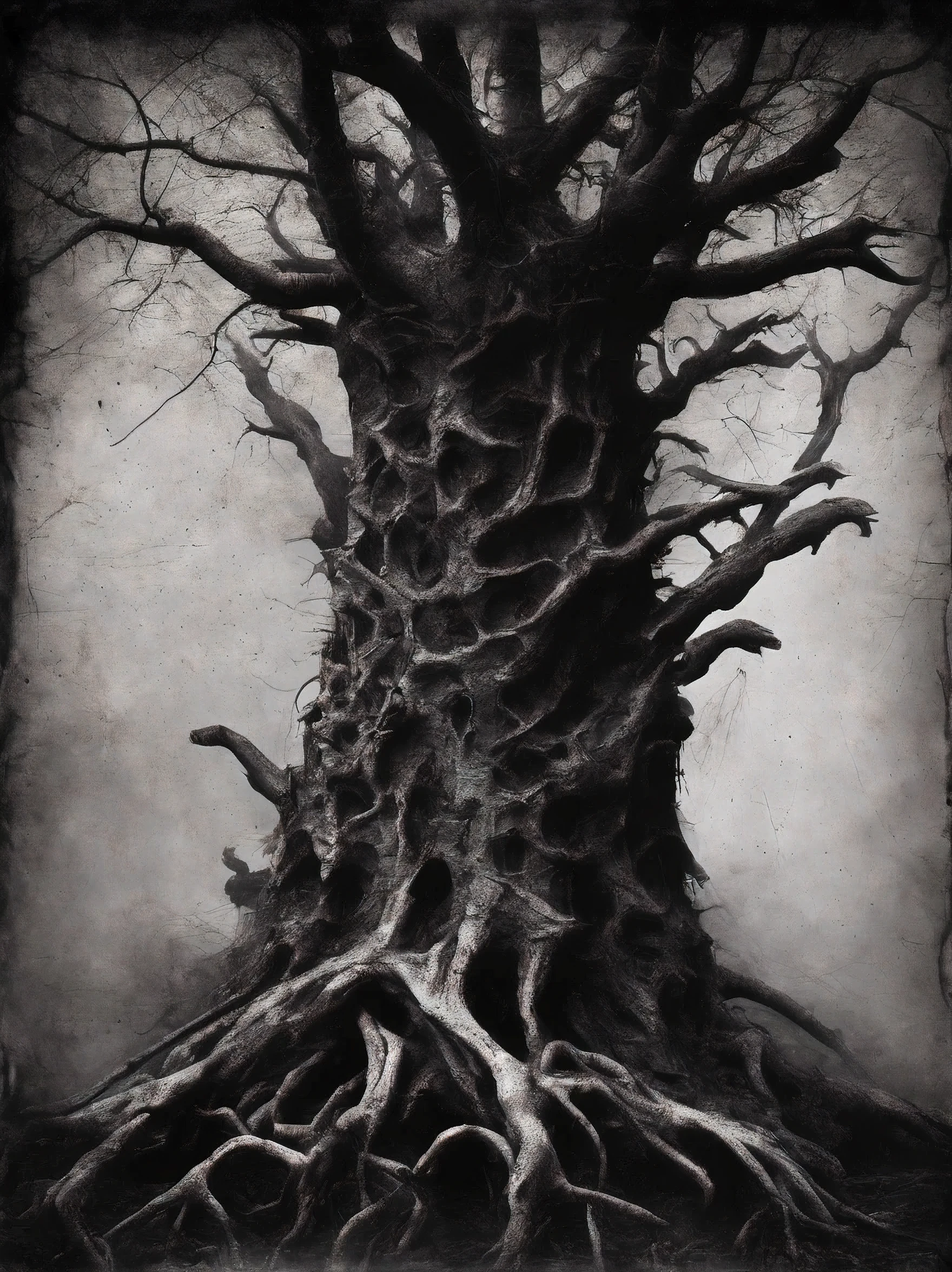 Dark wood bone tree, black andwhite , horror style, photography realistic ,dust and scratches .