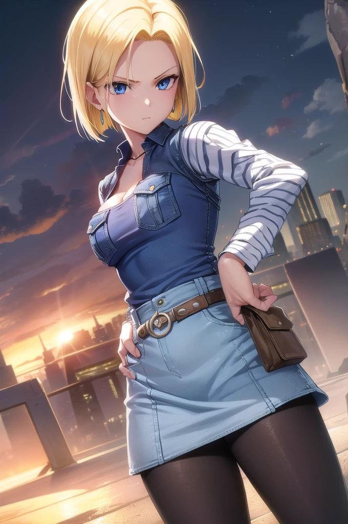 Android 18, Blonde, blue eyes, eyelash, hoop Earrings, short hair, Earrings, break belt, Black legwear, black shirt, breast pocket, Cleavage, clavicle, denim, denim skirt, high-waist skirt, jewelry, Long sleeve, pocket, shirt, shirt tucked in, skirt, Striped, Striped sleeves, Waistcoat, break outdoors, city, null, cloud, sun, break looking at viewer, (Cowboy Shot:1.5), break (masterpiece:1.2), Highest quality, High resolution, unity 8k wallpaper, (figure:0.8), (Beautiful attention to detail:1.6), Highly detailed face, Perfect lighting, Highly detailed CG, (Perfect hands, Perfect Anatomy)