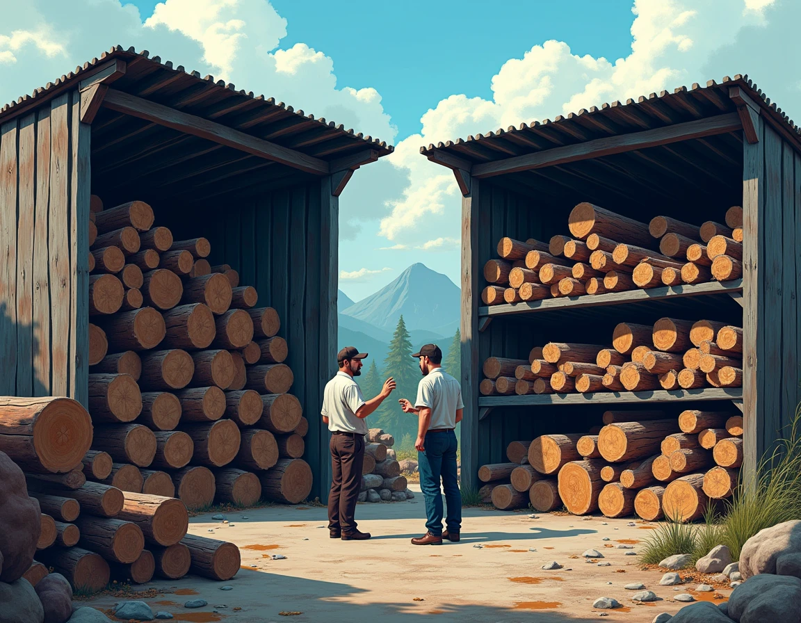 Two wooden shed, with different species of huge wooden logs, stored on metal shelves. One man points to one of the shelves and the other looks intently. The shed has no roof. The main colors in the image should include blues