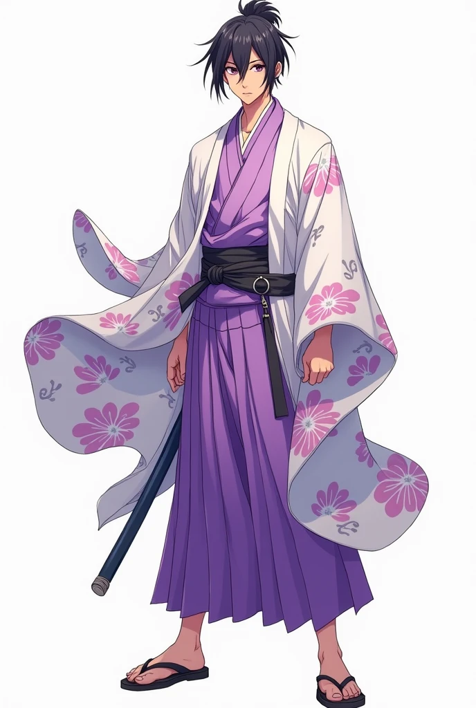 (illustrator) sketsa anime, samurai, kimono, blurple + white, front position, full body, boy, age 18