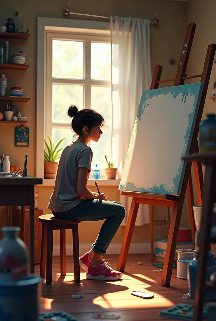 Prompt: A young artist named Lily sits in a cozy, cluttered room filled with art supplies. She’s staring at a blank canvas on an easel, holding a paintbrush hesitantly. The room is softly lit with warm, natural light, and there are unfinished paintings and brushes scattered around, symbolizing her frustration.