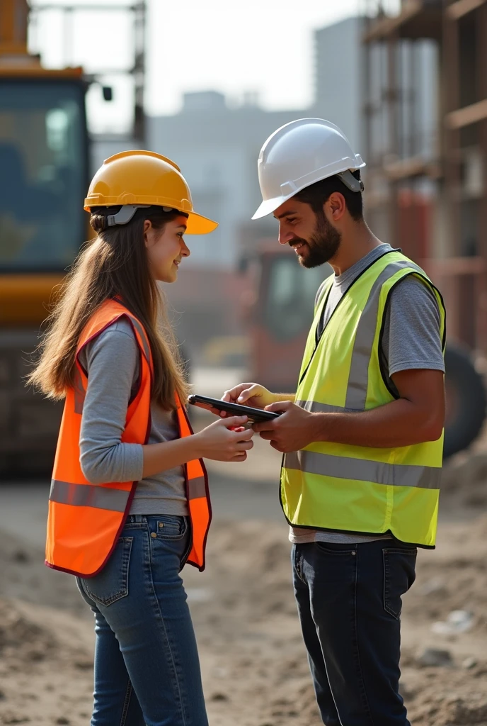 A girl with long hair conducting a survey with a construction engineer, a real photograph 