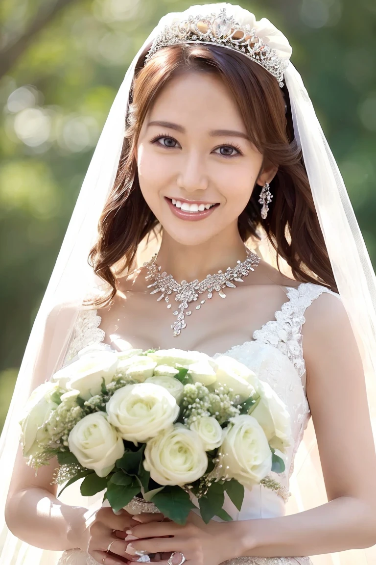 (Highest quality、Tabletop、8k、Best image quality、Award-winning works)、Beautiful Bride、(alone:1.1)、(The most extravagant and gorgeous huge pure white wedding dress:1.2)、(Perfect Wedding Lace:1.2)、(The most gorgeous and luxurious giant tiara:1.3)、(The most extravagant and luxurious giant necklace:1.3)、(A gorgeous bouquet:1.3)、The finest jewellery decoration、Perfect Makeup、Long eyelashes、Ultra HD Shining Eyes、Ultra HD Hair、Ultra High Resolution Glossy Lips、Beautiful face in ultra-high definition、(Accurate anatomy:1.1)、Very bright and beautiful skin、very bright and vivid、(Perfect Bridal Hairstyles:1.3)、(Front facing body:1.1)、(The most refreshing and beautiful forest background:1.1)、(Small cleavage:1.1)、(Perfect beautiful bridal photos:1.1)、Cute Smile、(Face close-up:1.1)