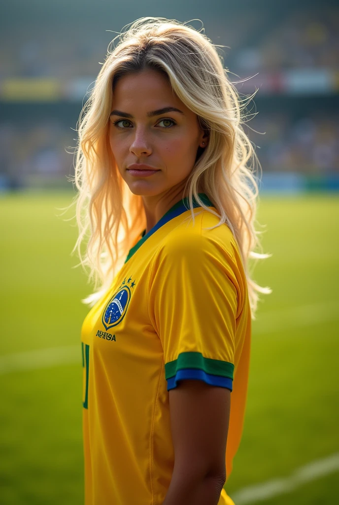 A blonde Brazilian woman on a soccer field, wearing a team jersey, with an outfit capturing the beauty ON HER FACE, showing her charm FOR FOOTBALL and beautiful personality.