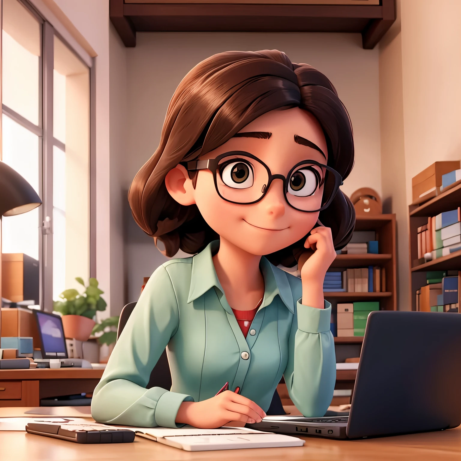 1 girl, glasses, working, laptop in front