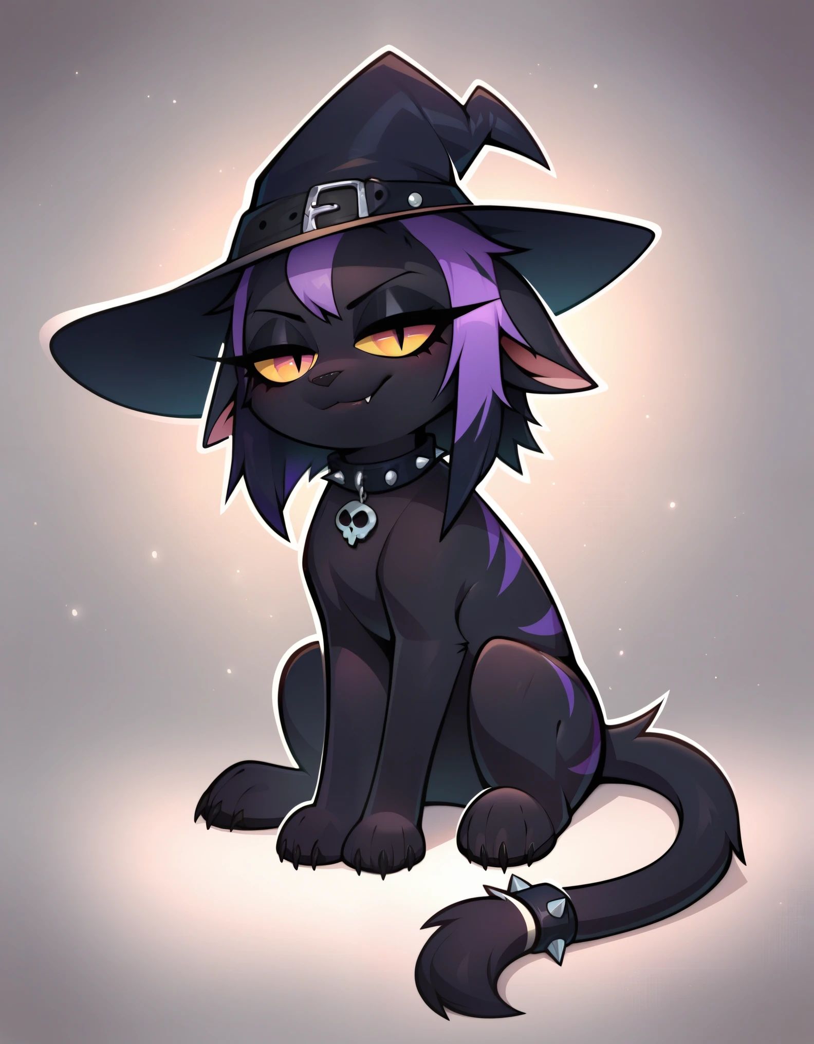 (score_9, score_8_up), score_7_up, score_6_up, best quality, highest quality, (feral), Goth girl, cat, furry, anthro, sitting, solo, official style, (witch hat), animal, (body fur), (black body, black skin, black fur), eyelashes, eyeliner, (black hair, purple hair, streaked hair), (messy hair, wild hair), animal ears, slit pupils, expressive eyes, beautiful eyes, smirk, fang, purple stripes, thin tail, tail ring, punk, piercings, collar, stockings, paws, uncensored, detailed background, jizoku