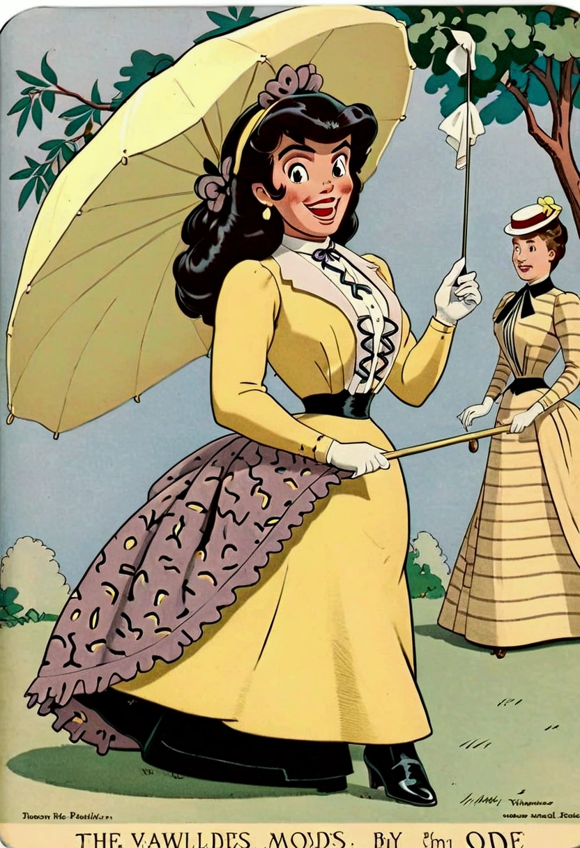 Year 1899. Solo. Veronica Lodge as a thicc brunette 15yo thot of the Gilded Age flirting with an old man. 1890_dr3ss. Sexually insatiable. Nympho. Lifting her skirt, showing some leg. Holding a parasol. Yellow high-collar long sleeve dress. Yellow hat. Long skirt. Petticoats. Silk stockings. Boots. Large bosom, wasp waist, big booty. Full body