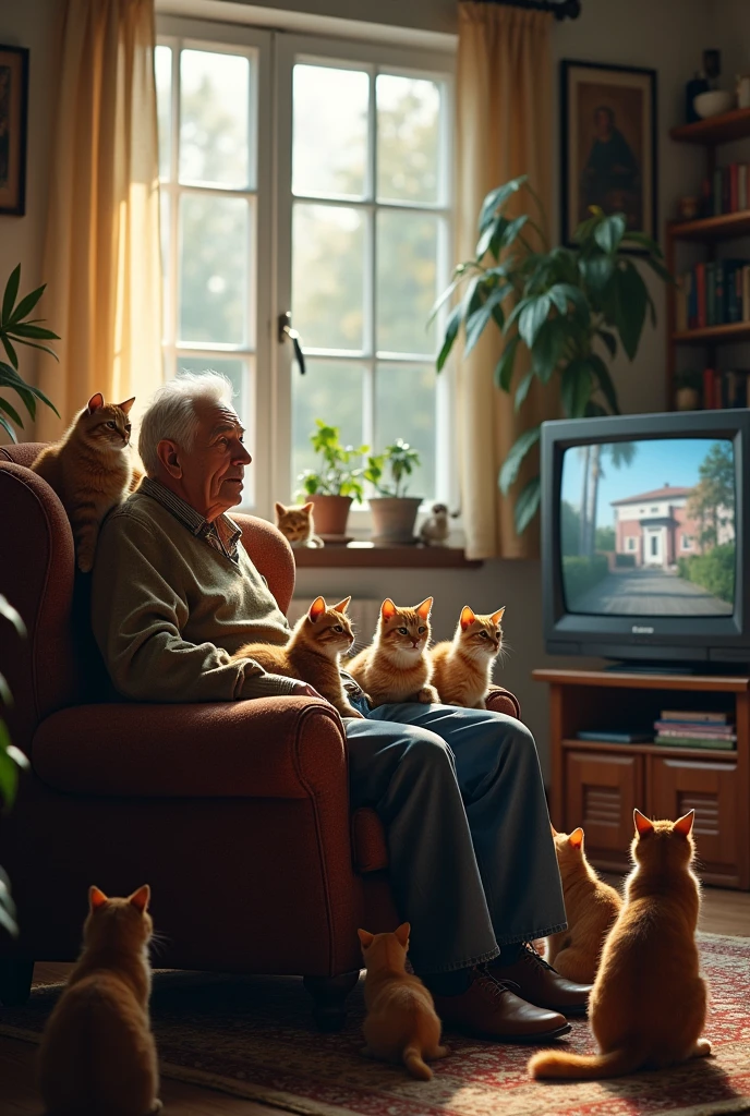 An 80-year-old grandfather watching television with his 20 cats, I want the TV to be visible too, but facing the TV, not behind it., Grandpa with his back turned watching TV with his kittens. in that same photo where the gentleman is amazed, the same man in front of a building without the kittens