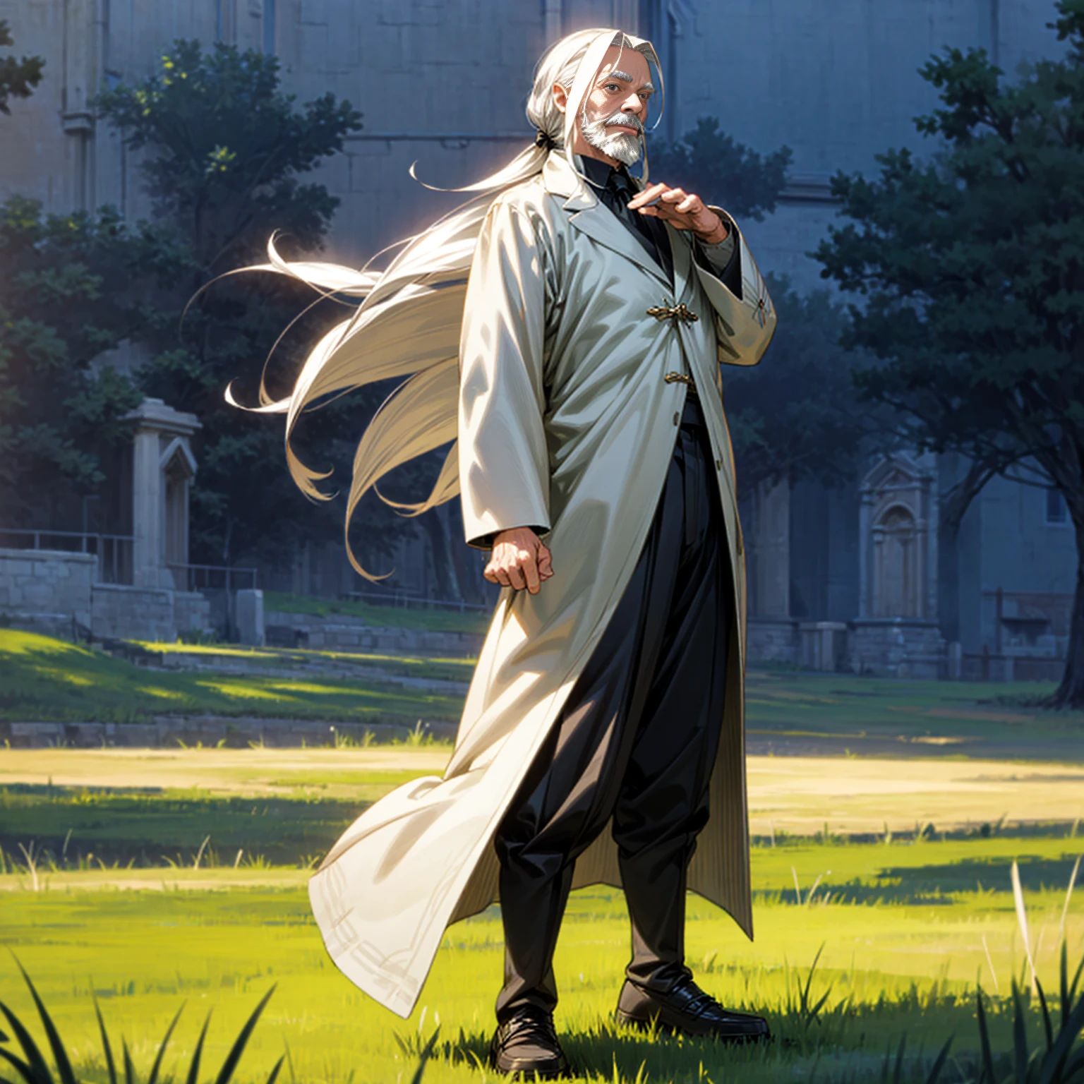 Solo character, full body version, old man, beard, white eyes, white color hair, long bob hair, formal outfit, black pants, boots, outdoor, town, field, medieval, morning, standing gesture, detailed background, detailed clothing, detailed hair, happy eyes, (food wars style art)