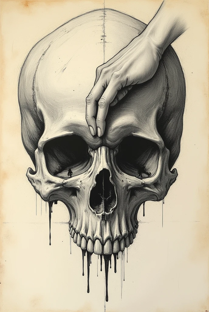 A T-shirt with a drawing of a hand painting a skull, in a style similar to Michelangelo's early sketches
