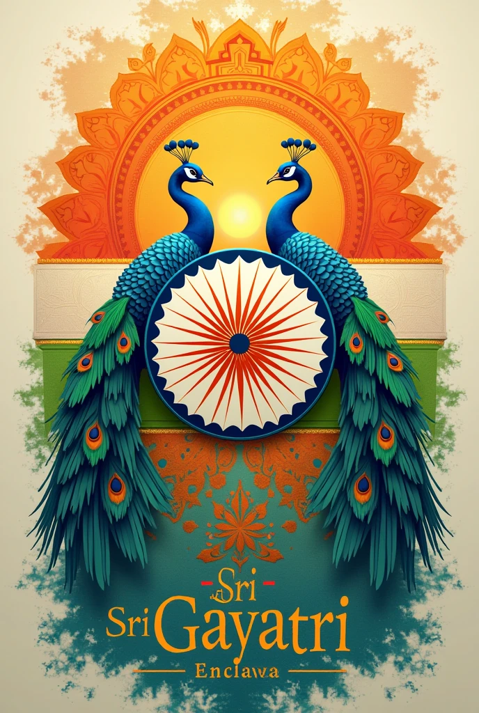 Beautiful Indian flag colours with beautiful Ashok chakra with both side peacocks and beautiful Indian flag name with Sri Gayatri Enclave name displayed on below the beautiful Ashok chakra 