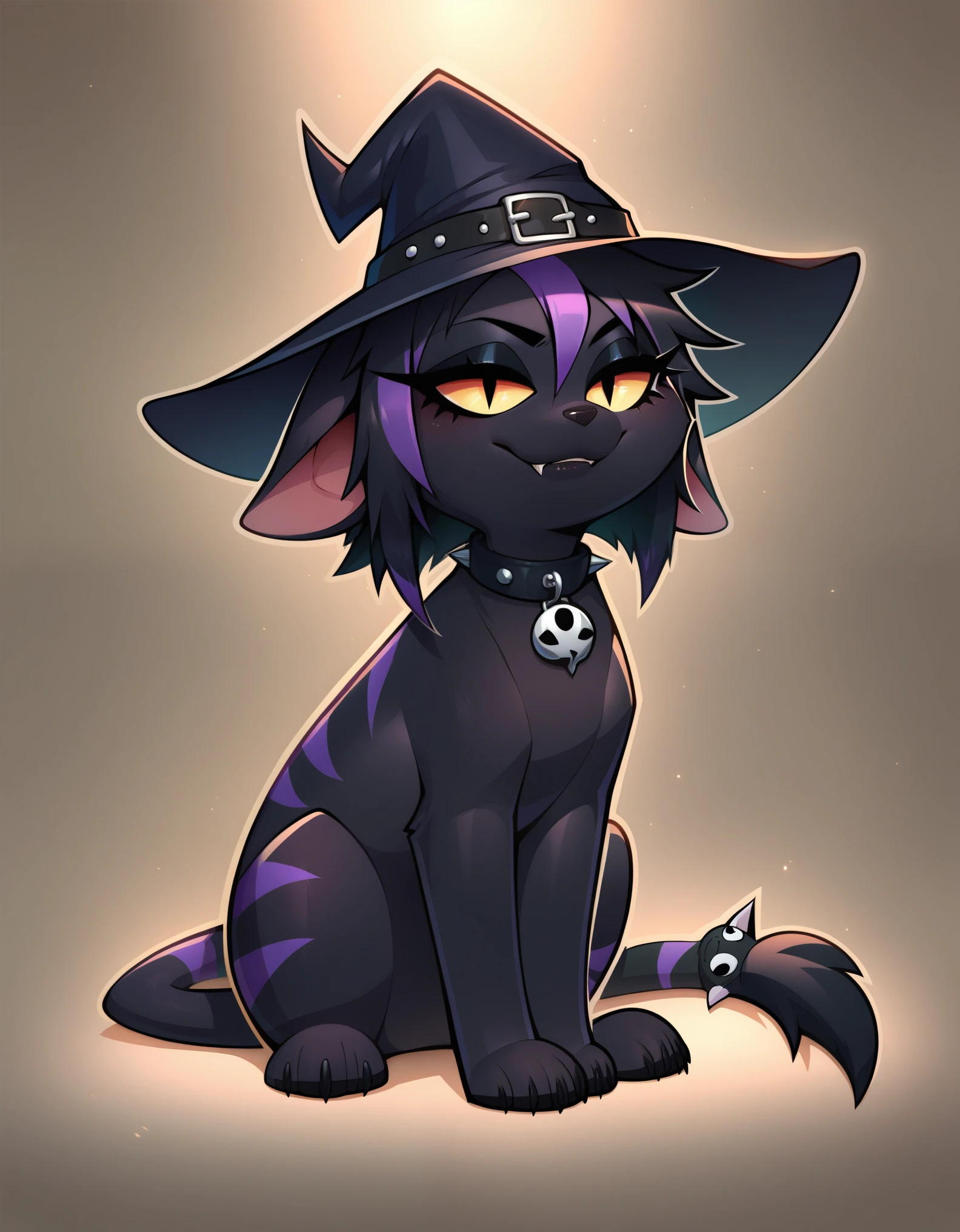 (score_9, score_8_up), score_7_up, score_6_up, best quality, highest quality, (feral), Goth girl, cat, furry, anthro, sitting, solo, official style, (witch hat), animal, (body fur), (black body, black skin, black fur), eyelashes, eyeliner, (black hair, purple hair, streaked hair), (messy hair, wild hair), animal ears, slit pupils, expressive eyes, beautiful eyes, smirk, fang, purple stripes, thin tail, tail ring, punk, piercings, collar, stockings, paws, uncensored, detailed background, jizoku