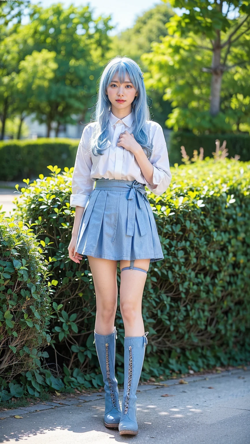 (8k、RAW Photos、Highest quality、masterpiece:1.2)、(Realistic、Realistic)、1 person、((Light blue hair、boots、garter belt、whole body、garden、Check mini skirt、garden、View from the front、Looking into the camera、Hands on your hips))、cute