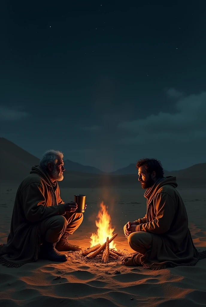 Night at the post-apocalypse desert.Two lone survivors are sitting in front of a campfire,holding a steel cup of hot coffee.one of them is wearing a brown long coat,and sitting on a cloth.They stares at fires while discussing something.