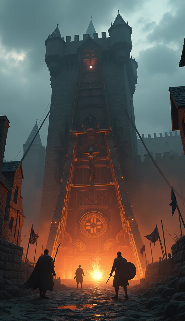 a medieval wooden catapult, giant wooden weapon, castle, highly detailed, anime, wreaking havoc with giant weapons, firing fireballs at the castle, medieval fantasy, dramatic lighting, dark moody colors, intricate machinery, gears, steam, cinematic composition, dramatic camera angle, volumetric lighting, photorealistic, HDR, 8k, detailed rendering
