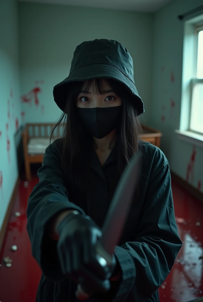 korean girl, (behind multiple corpse, holding knife), black surgical mask, black gloves, room full of blood, black raincoat, bucket hat, 20 years old, glaring at viewer, holding knife, black gloves, woman on top, behind multiple corpse, blood splatter, bed room, mass murderer, killer, blood splatter, dark atmosphere, cinematic lighting, atmospheric realistic, light from the window,
