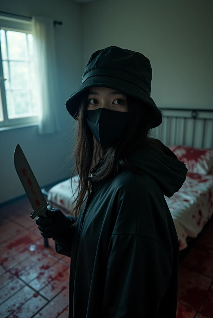 korean girl, (behind multiple corpse, holding knife), black surgical mask, black gloves, room full of blood, black raincoat, bucket hat, 20 years old, glaring at viewer, holding knife, black gloves, woman on top, behind multiple corpse, blood splatter, bed room, mass murderer, killer, blood splatter, dark atmosphere, cinematic lighting, atmospheric realistic, light from the window,
