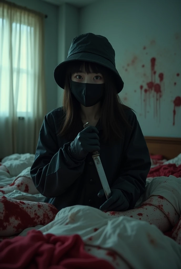 korean girl, (behind multiple corpse, holding knife), black surgical mask, black gloves, room full of blood, black raincoat, bucket hat, 20 years old, glaring at viewer, holding knife, black gloves, woman on top, behind multiple corpse, blood splatter, bed room, mass murderer, killer, blood splatter, dark atmosphere, cinematic lighting, atmospheric realistic, light from the window,